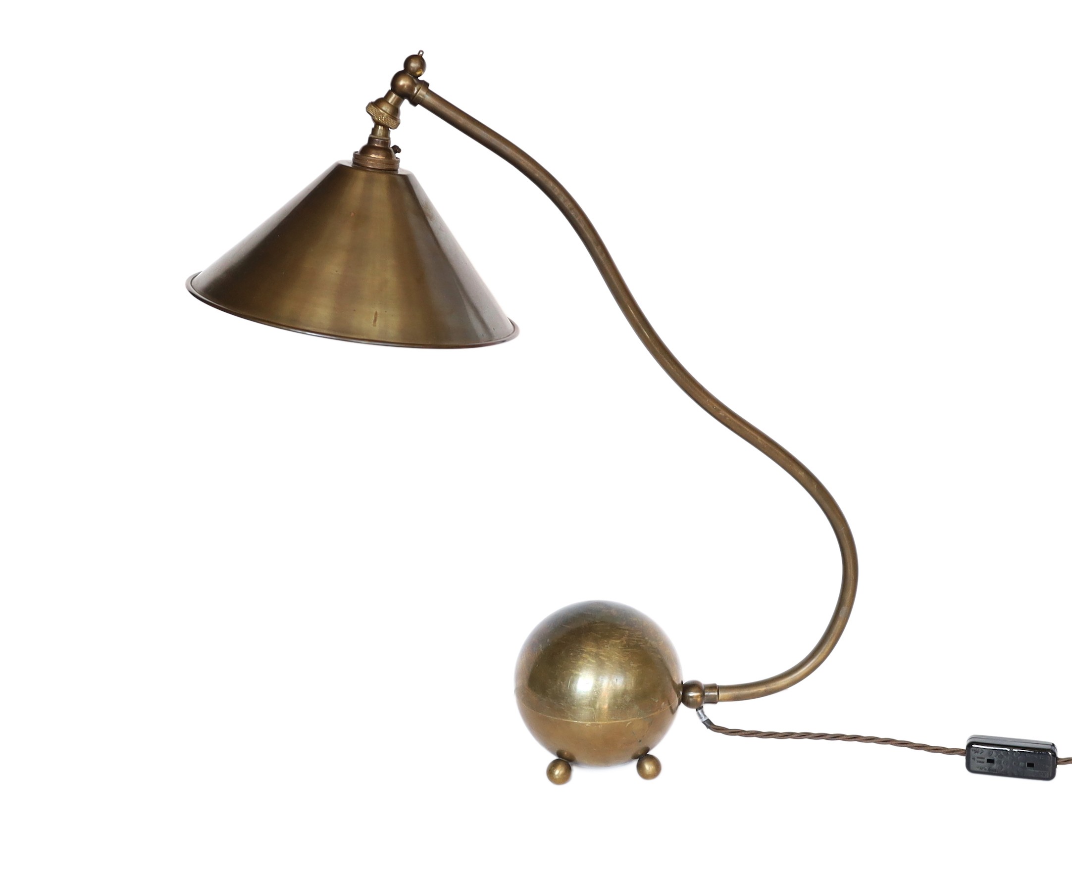 A stylish bronze metal desk lamp with adjustable shade and spherical base, height 53cm